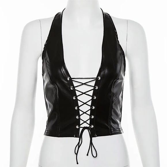 Black faux leather lace up top - Picture 9 of 16